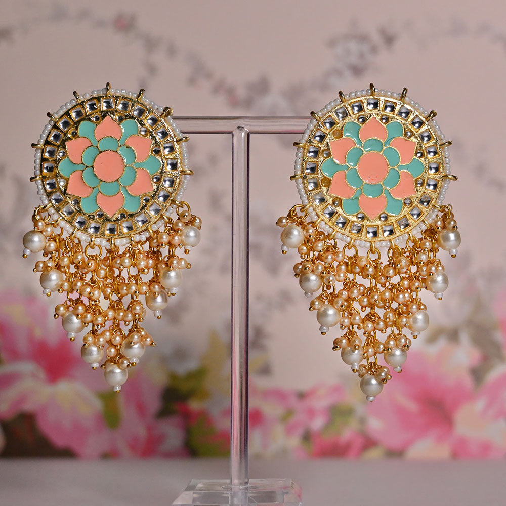 Shagna Gold Plated Kundan Stone And Meenakari Pearls Dangler Earrings