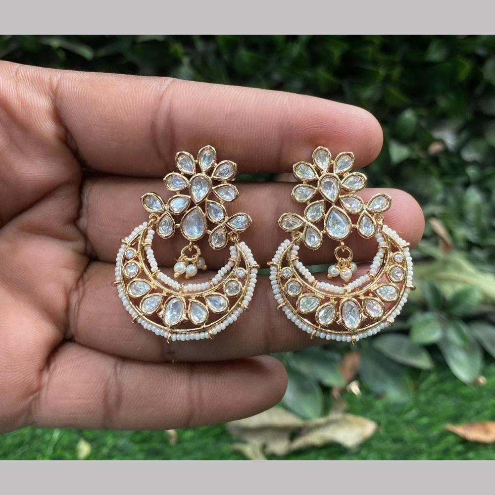 Shagna Gold Plated Polki Kundan Stone And Pearls Dangler Earrings