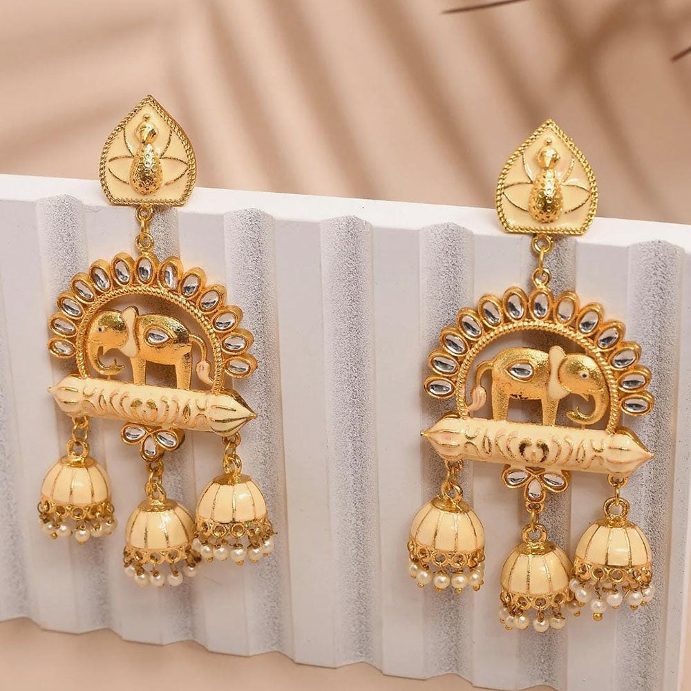 Shagna Graceful Kundan Stone And Beads Meenakari Jhumki Earrings