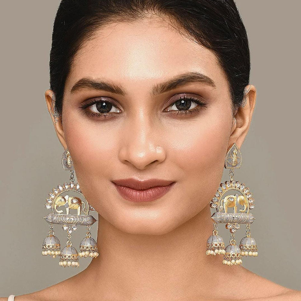 Shagna Graceful Kundan Stone And Beads Meenakari Jhumki Earrings