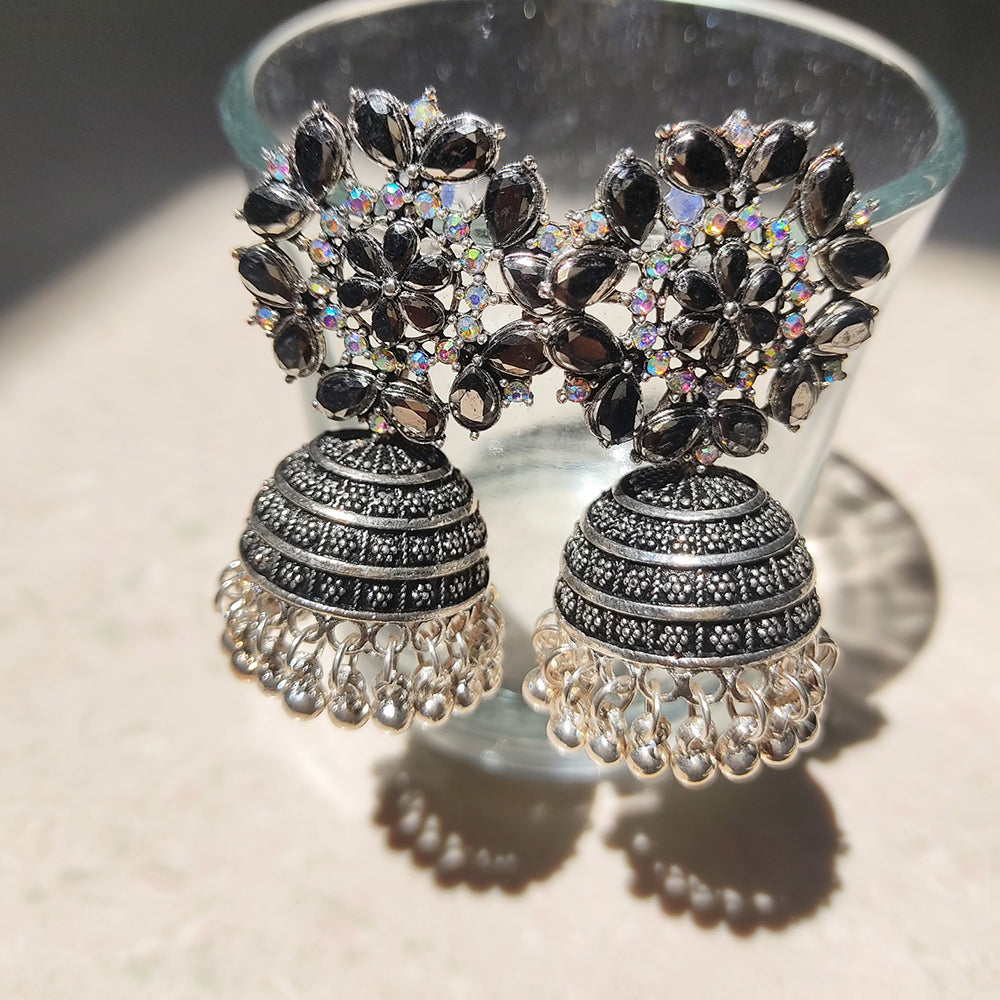 H K Fashion Oxidised Plated Pota Stone Jhumki Earrings