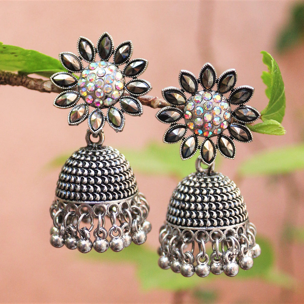 H K Fashion Oxidised Plated Austrian Stone Jhumki Earrings