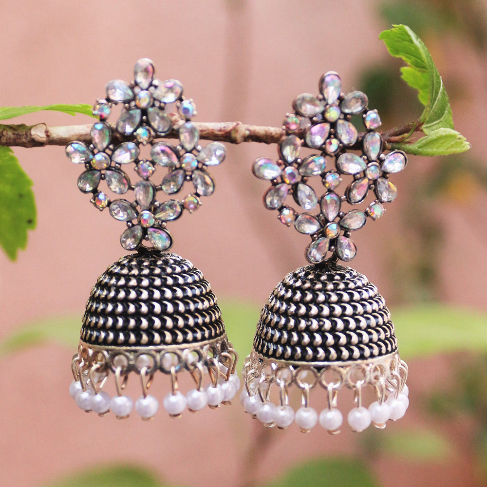 H K Fashion Oxidised Plated Austrian Stone And Beads Jhumki Earrings