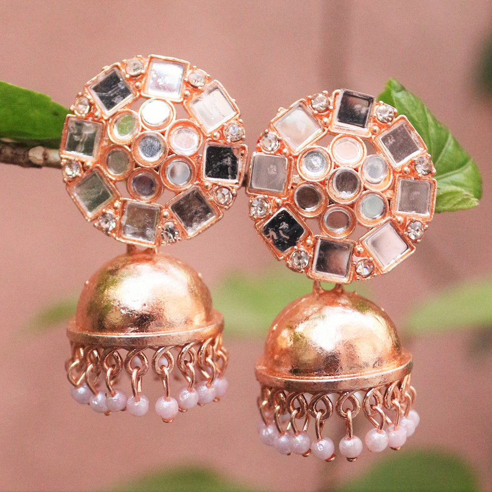 H K Fashion Rose Gold Austrian Stone And Mirror Jhumki Earrings
