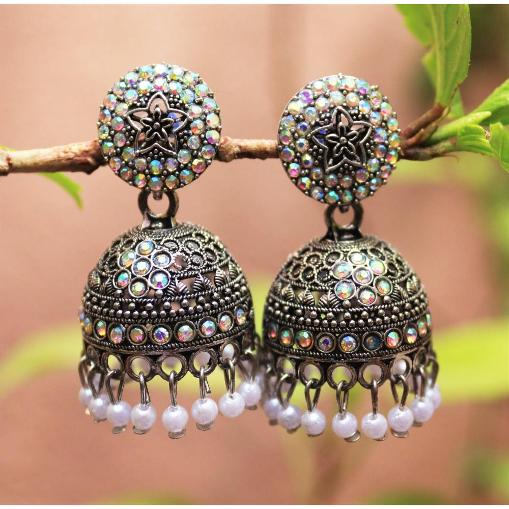 H K Fashion Oxidised Plated Austrian Stone Jhumki Earrings