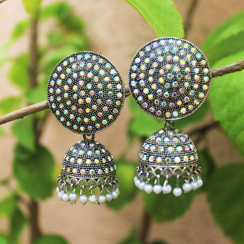 H K Fashion Oxidised Plated Austrian Stone Jhumki Earrings