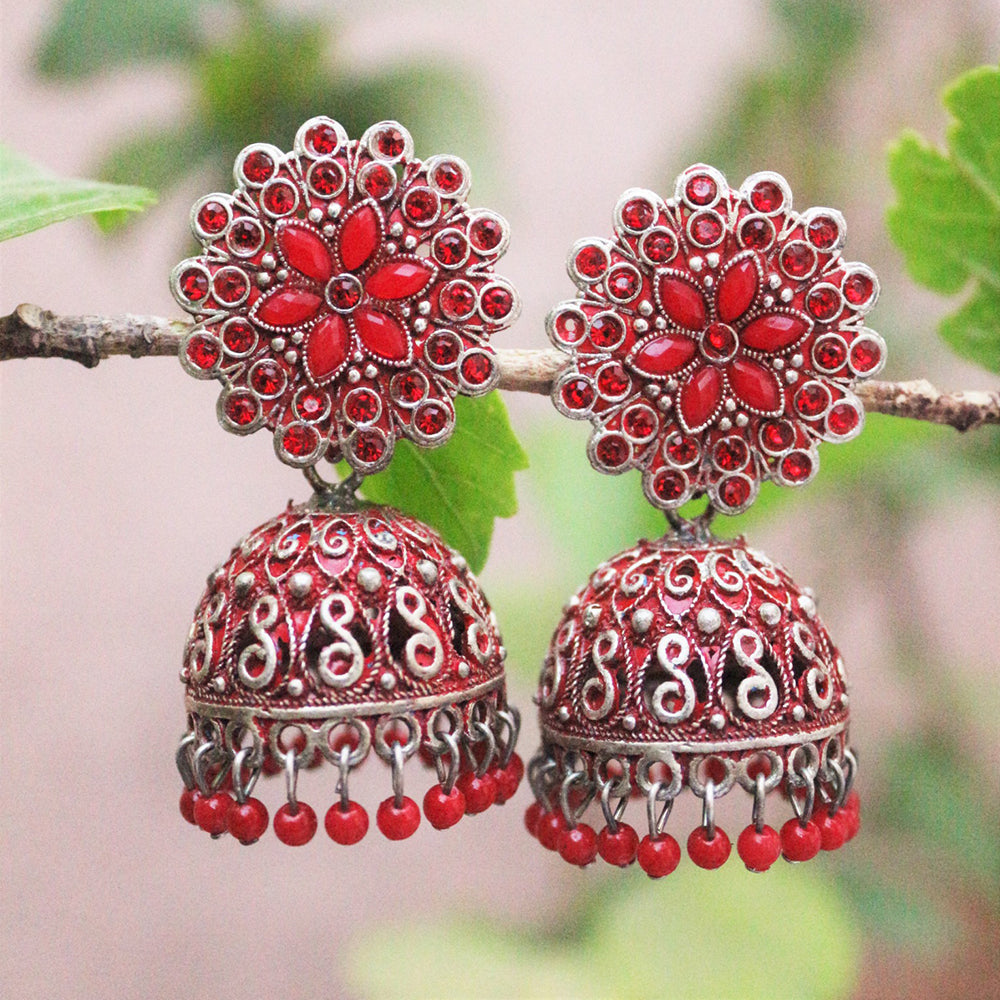 H K Fashion Oxidised Plated Austrian Stone Jhumki Earrings