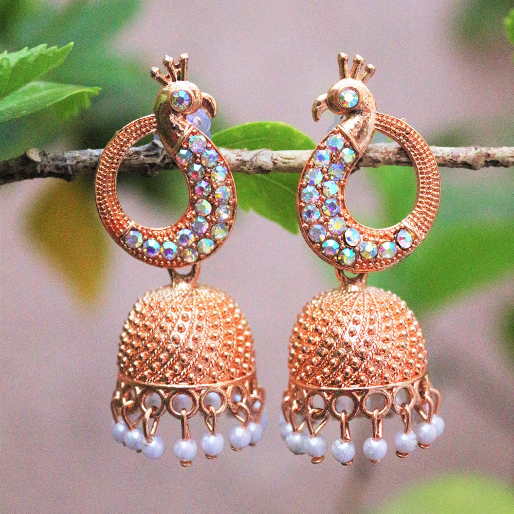 H K Fashion Rose Gold Plated Austrian Stone And Pearls Jhumki