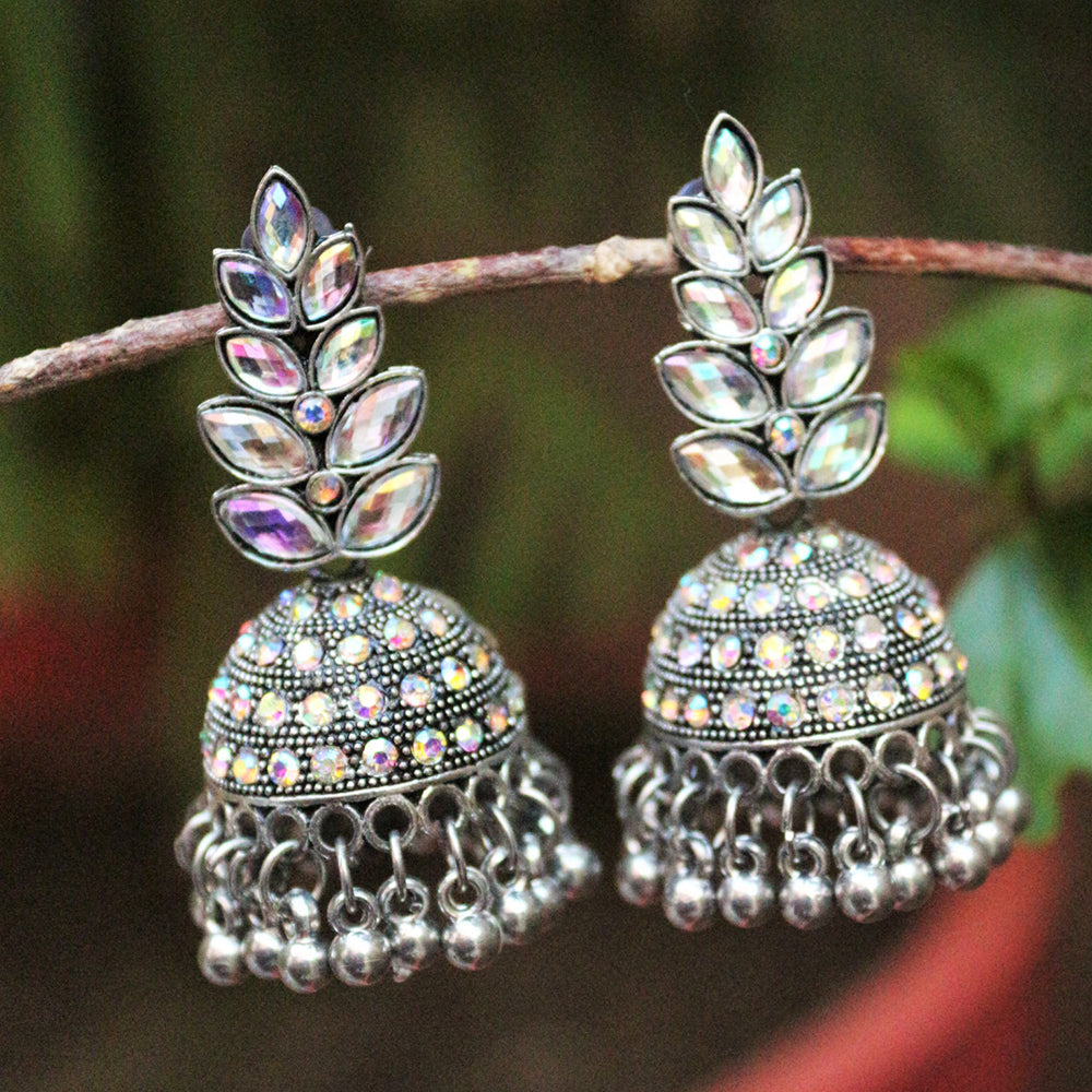 H K Fashion Silver Plated Crystal Stone Jhumki Earrings
