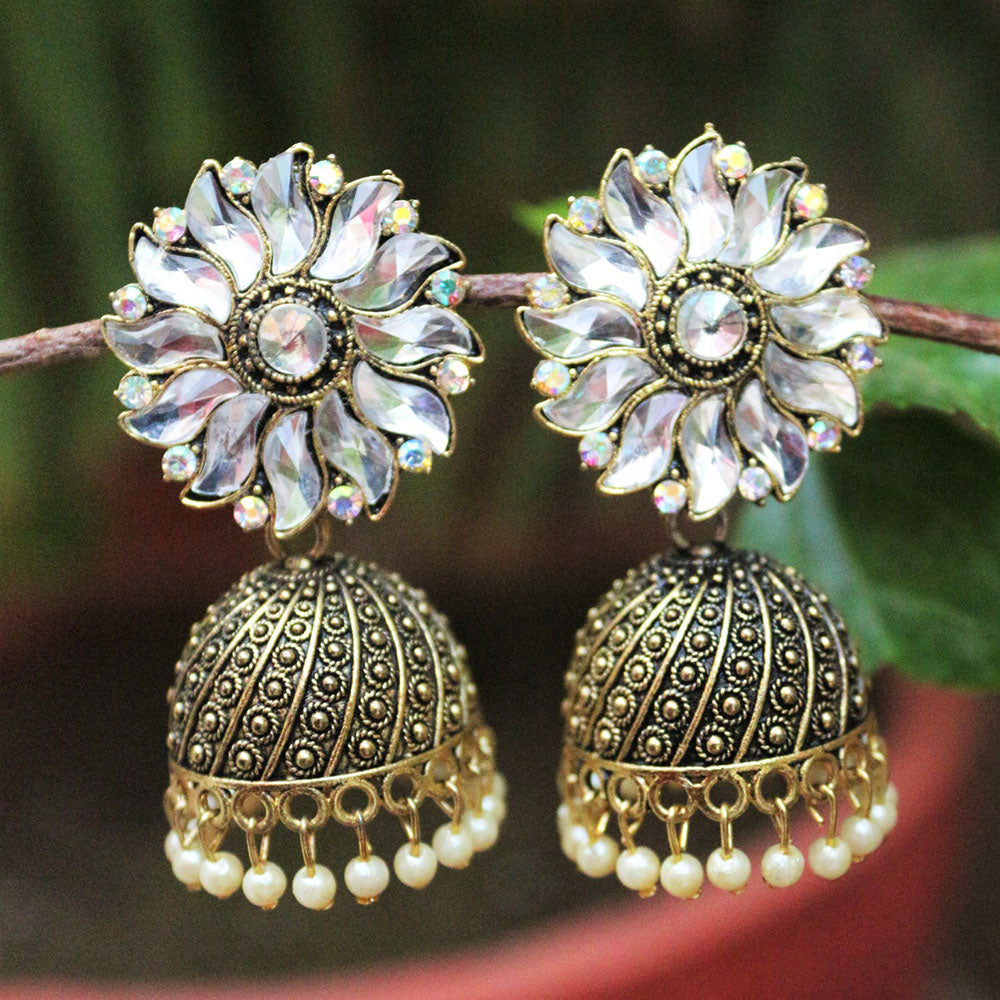 H K Fashion Gold Plated Crystal Stone Jhumki Earrings