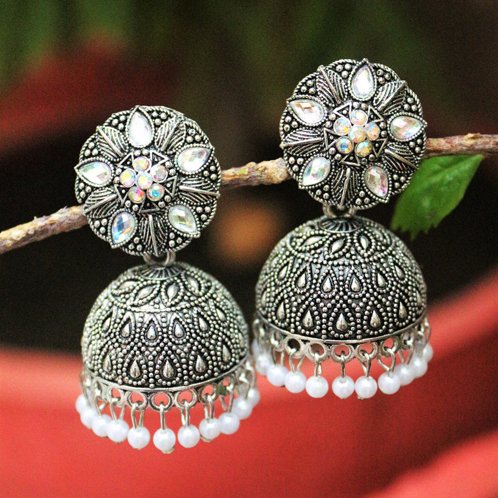 H K Fashion Oxidised Plated Austrian Stone Jhumki Earrings