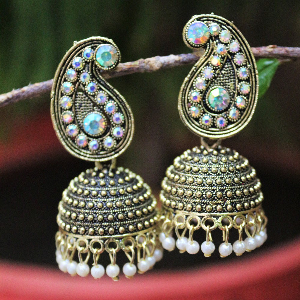 H K Fashion Oxidised Gold Plated Austrian Stone Jhumki Earrings
