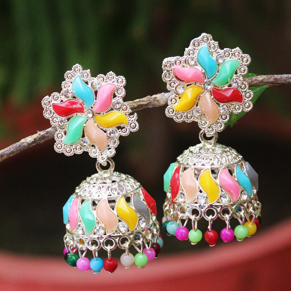 H K Fashion Silver Plated Pota Stone And Beads Jhumki Earrings
