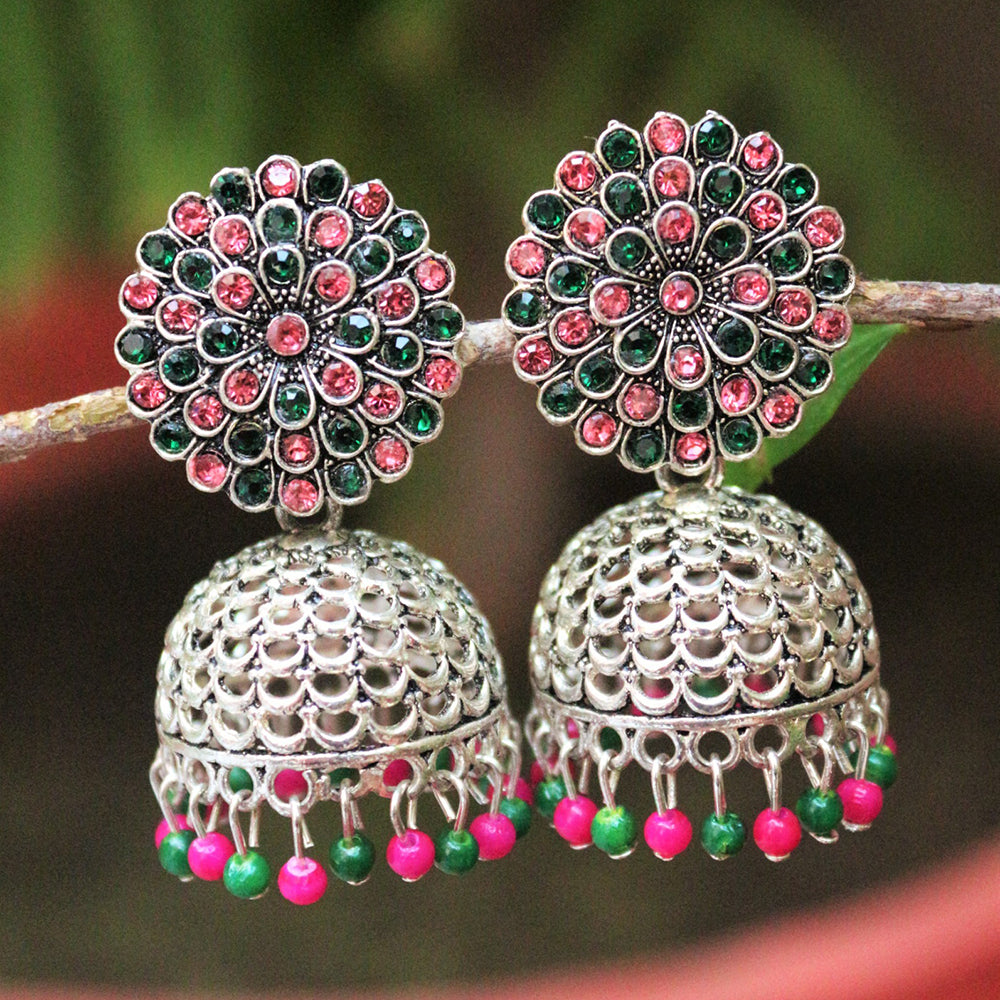 H K Fashion Silver Plated Austrian Stone And Beads Jhumki Earrings