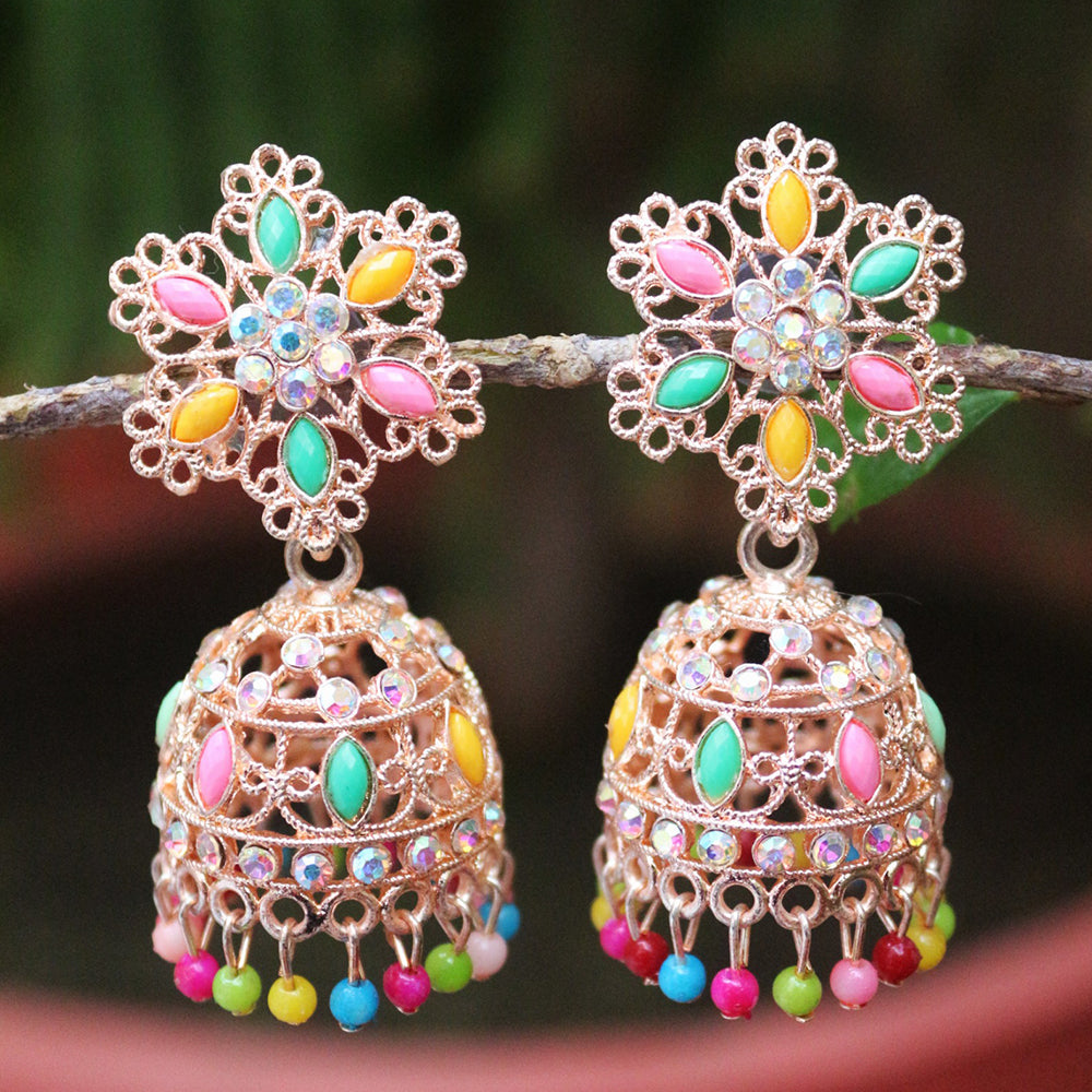 H K Fashion Rose Gold Plated Pota Stone And Beads Jhumki Earrings
