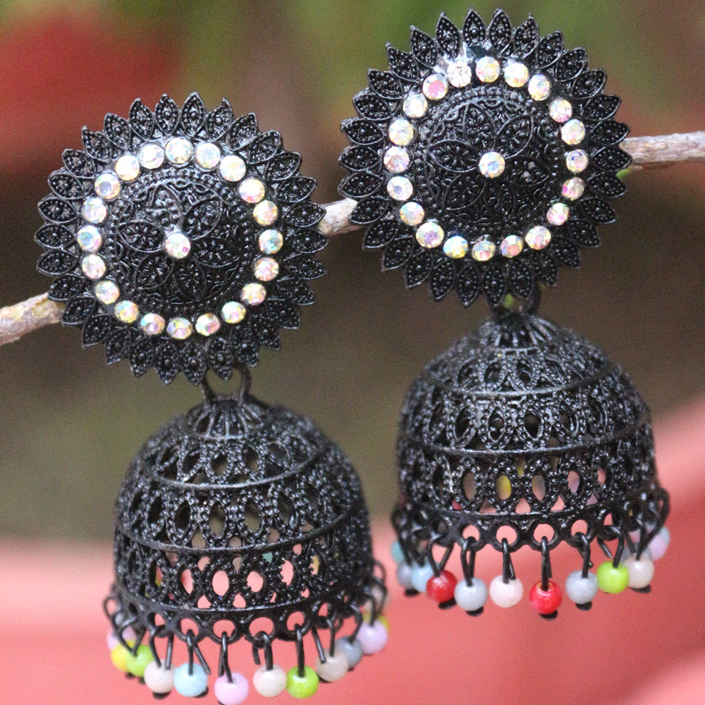 H K Fashion Black Plated Austrian Stone And Beads Jhumki Earrings