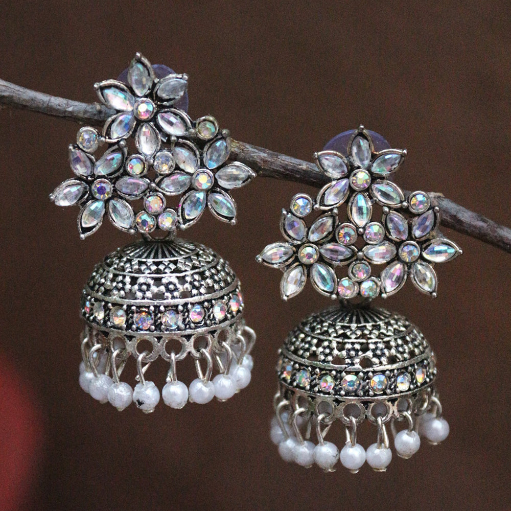H K Fashion Oxidised Plated Crystal Stone And Pearls Jhumki Earrings
