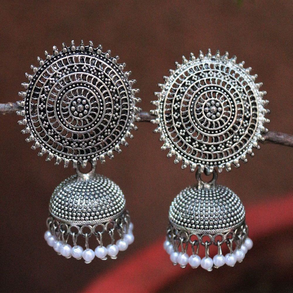 H K Fashion Oxidised Plated Pearls Jhumki Earrings