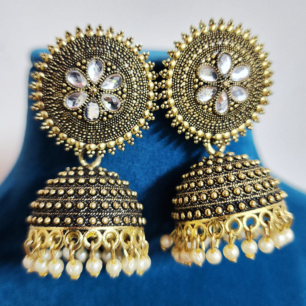 H K Fashion Gold Plated Crystal Stone And Pearls Jhumki Earrings