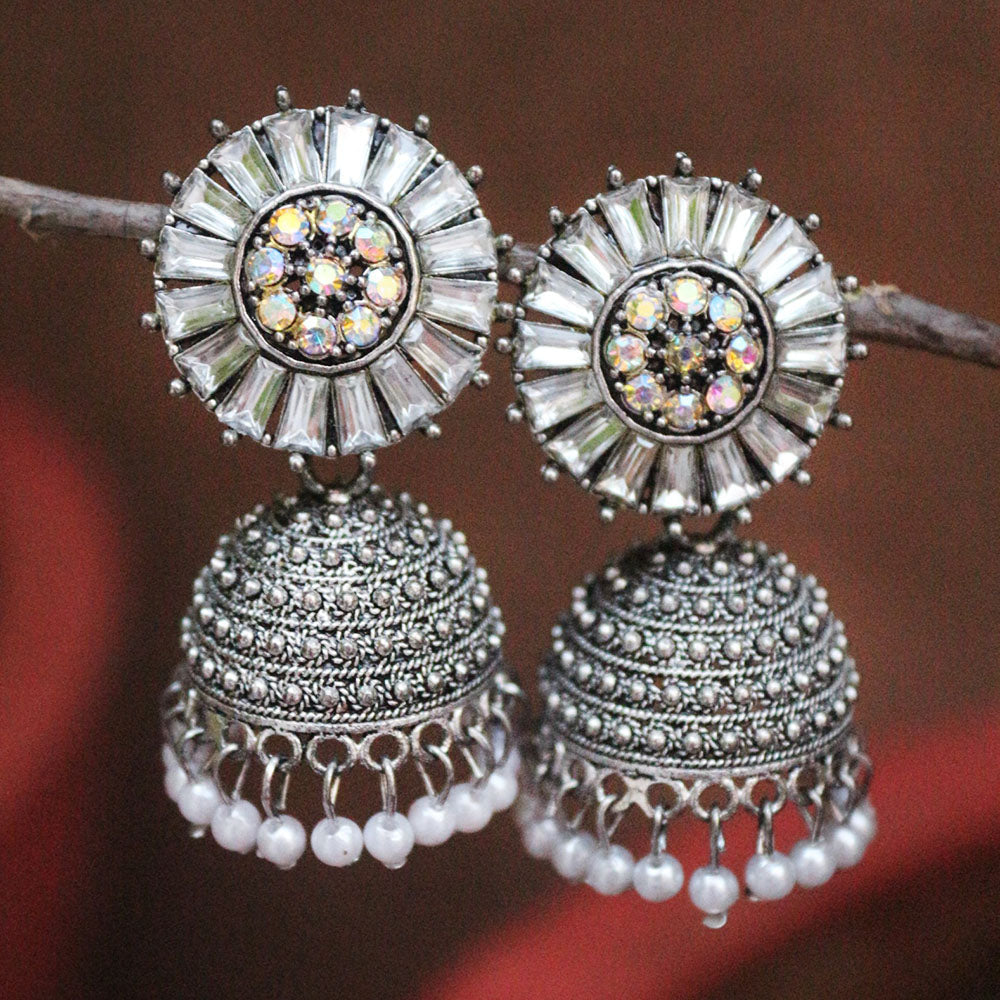 H K Fashion Oxidised Plated Crystal Stone And Pearls Jhumki Earrings