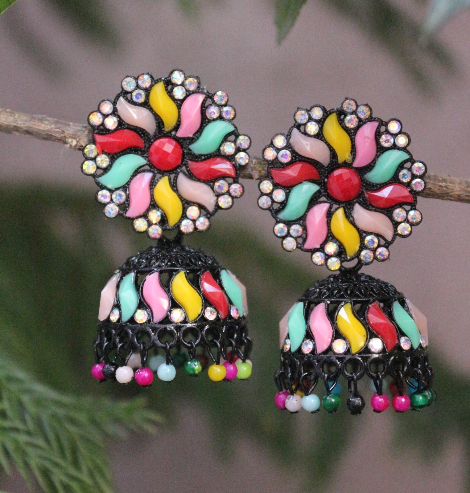 H K Fashion Black Polish Crystal Stone And Pearls Jhumki Earrings