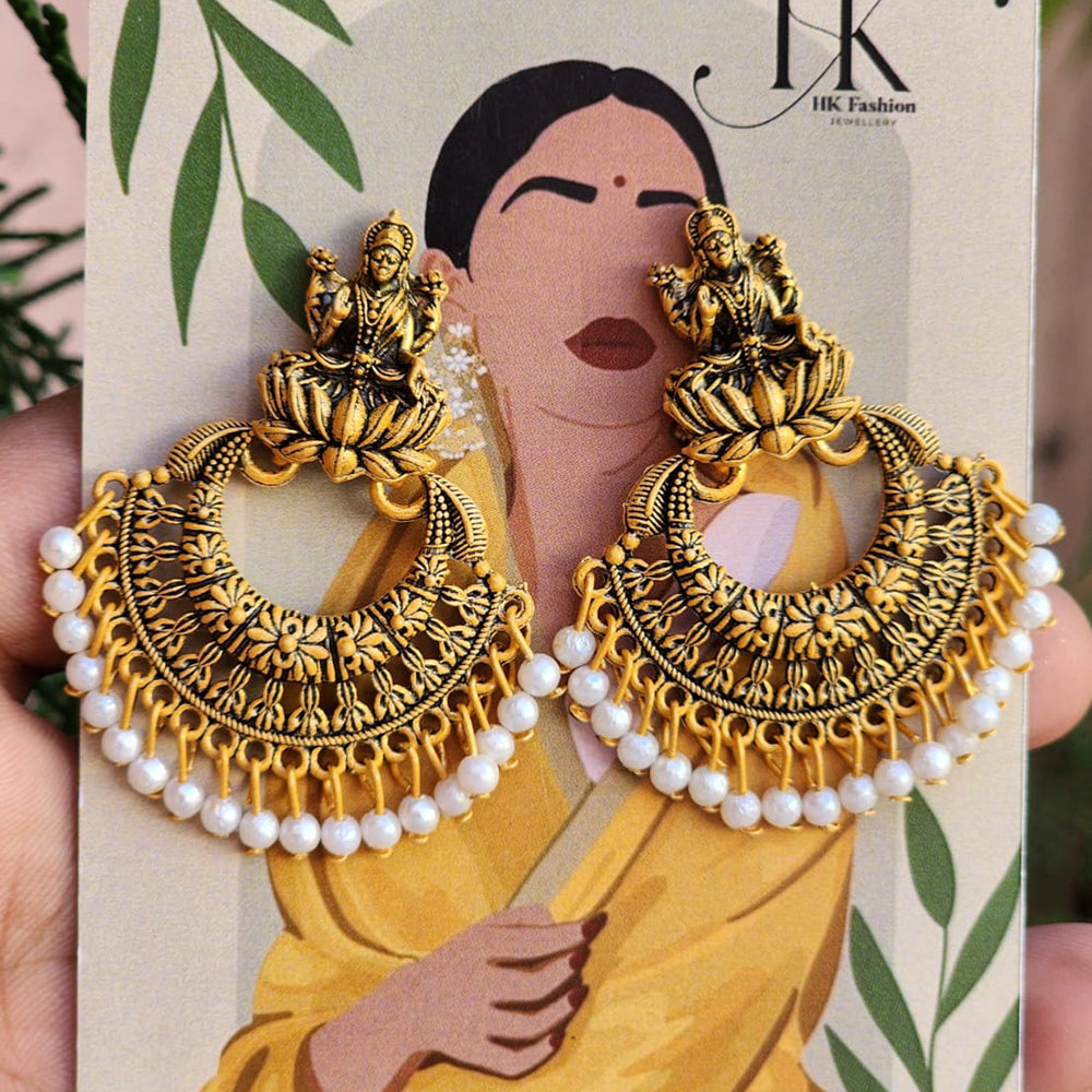 HK Fashion Matte Gold Plated Temple And Pearl Dangler Earrings