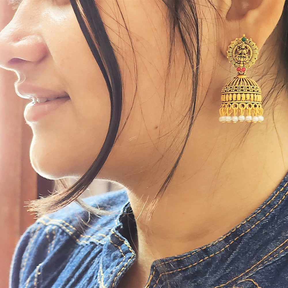 HK Fashion Matte Gold Plated Temple And Pearl Dangler Earrings