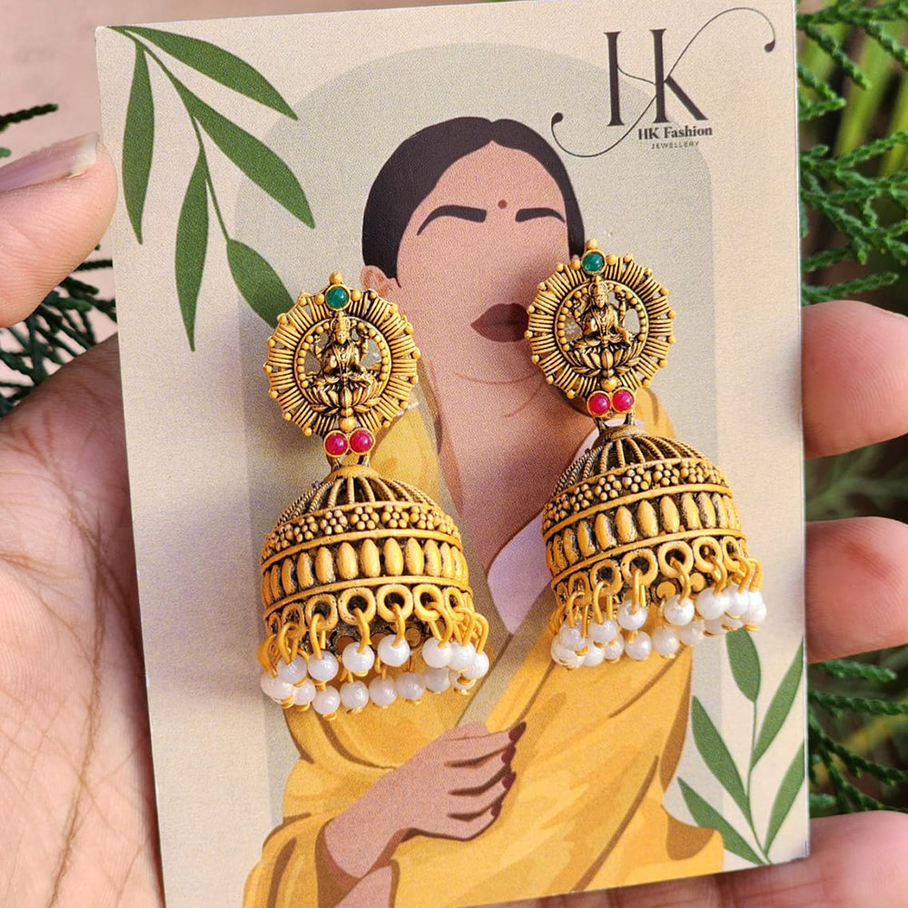 HK Fashion Matte Gold Plated Temple And Pearl Dangler Earrings