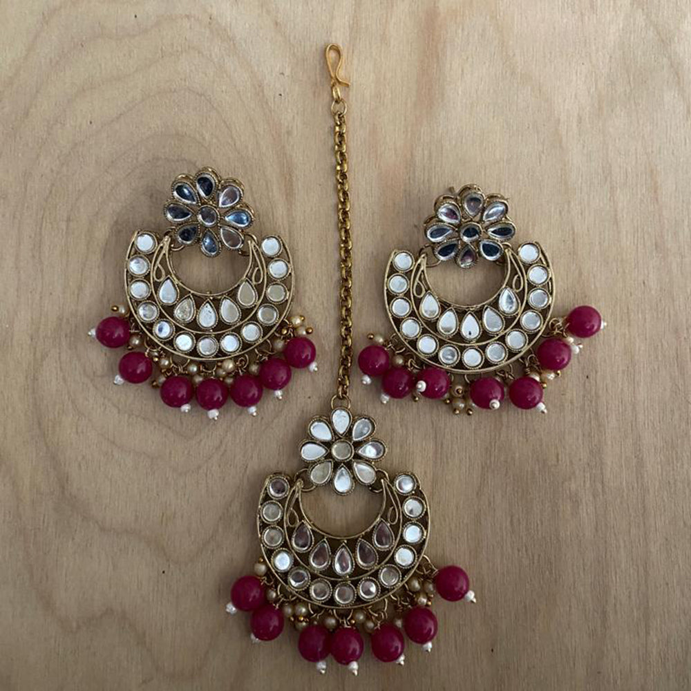 India Art Gold Plated Mirror Earrings With Mangtikka