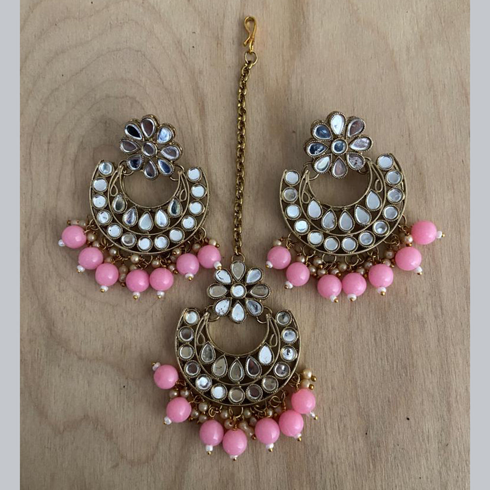 India Art Gold Plated Mirror Earrings With Mangtikka