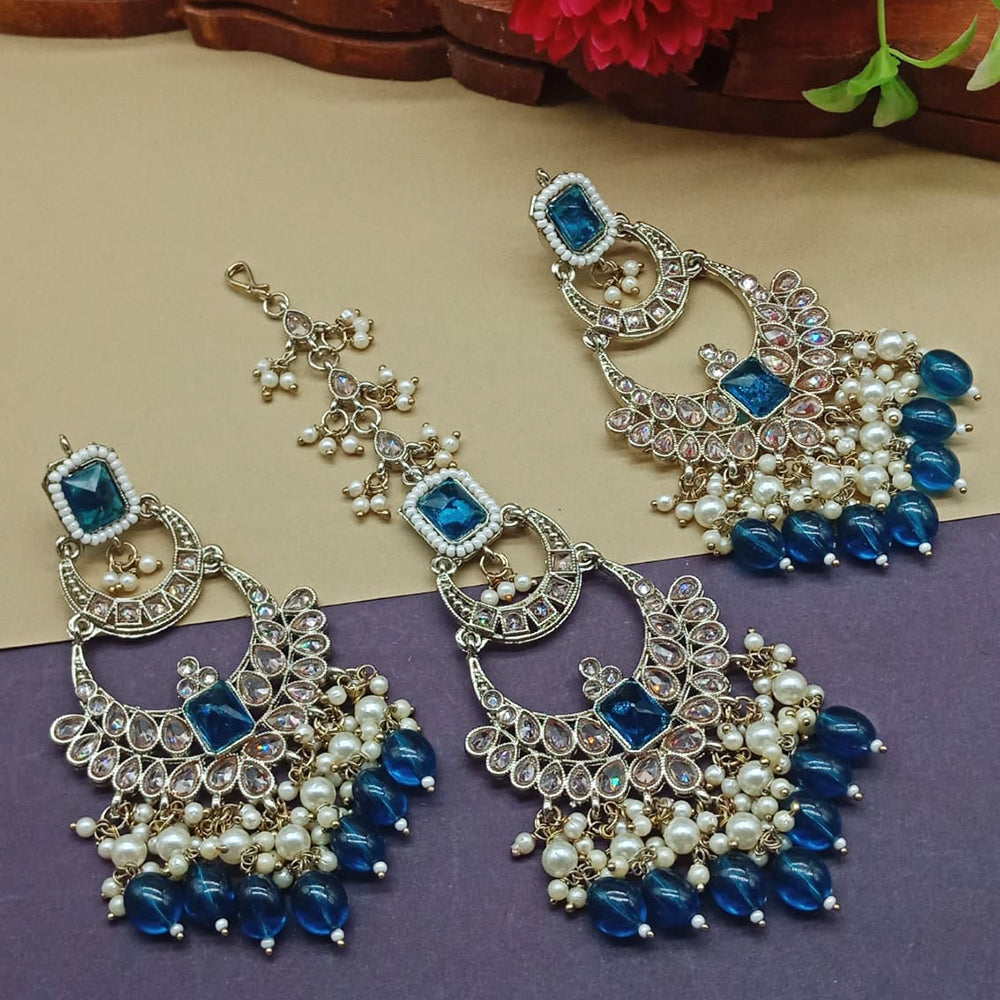 India Art Gold Plated Crystal Stone Earrings With Maangtikka