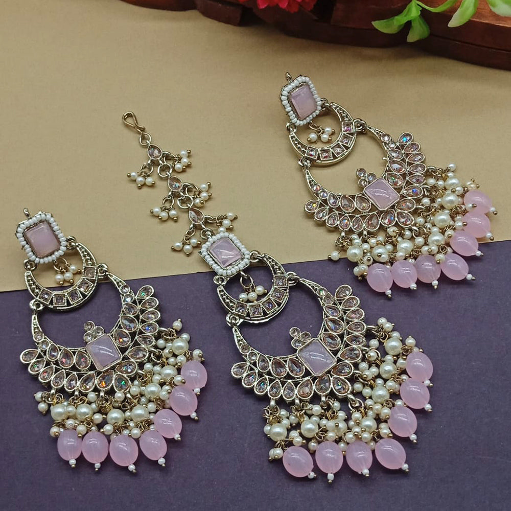 India Art Gold Plated Crystal Stone Earrings With Maangtikka
