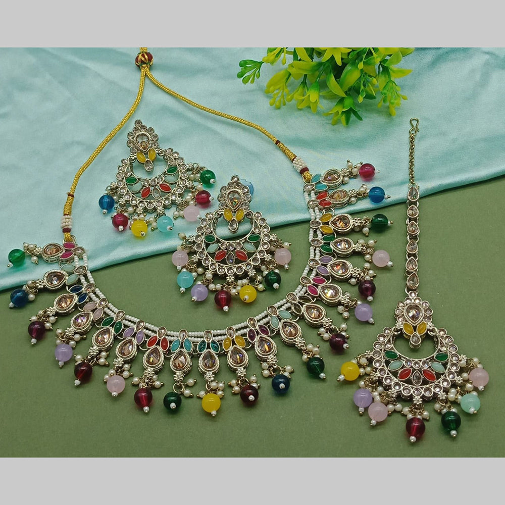 India Art Gold Plated Crystal Stone And Pearls Necklace Set