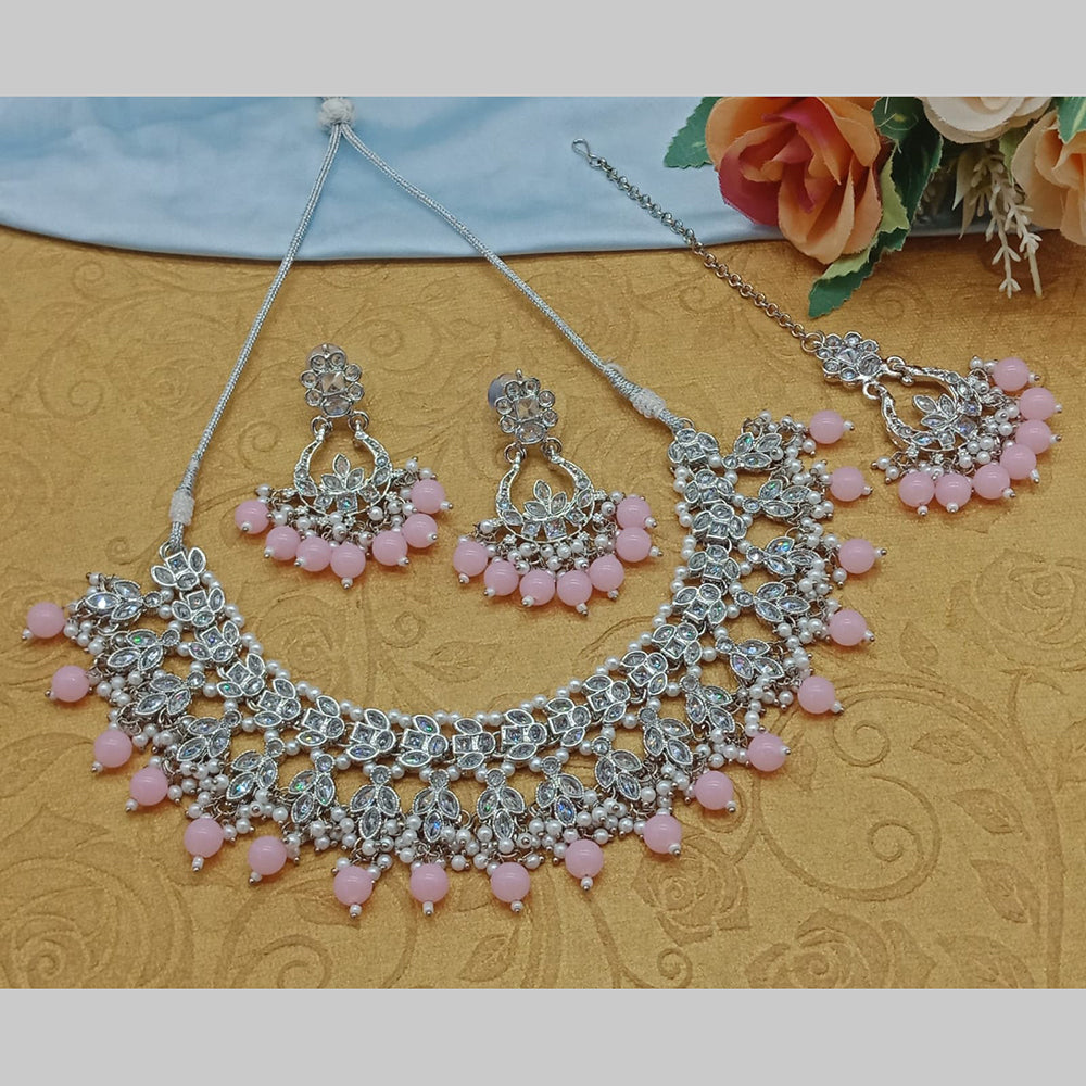 India Art Silver Plated Crystal Stone And Pearls Necklace Set