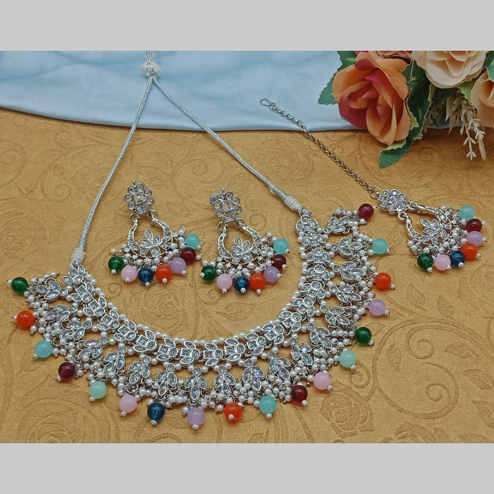 India Art Silver Plated Crystal Stone And Pearls Necklace Set