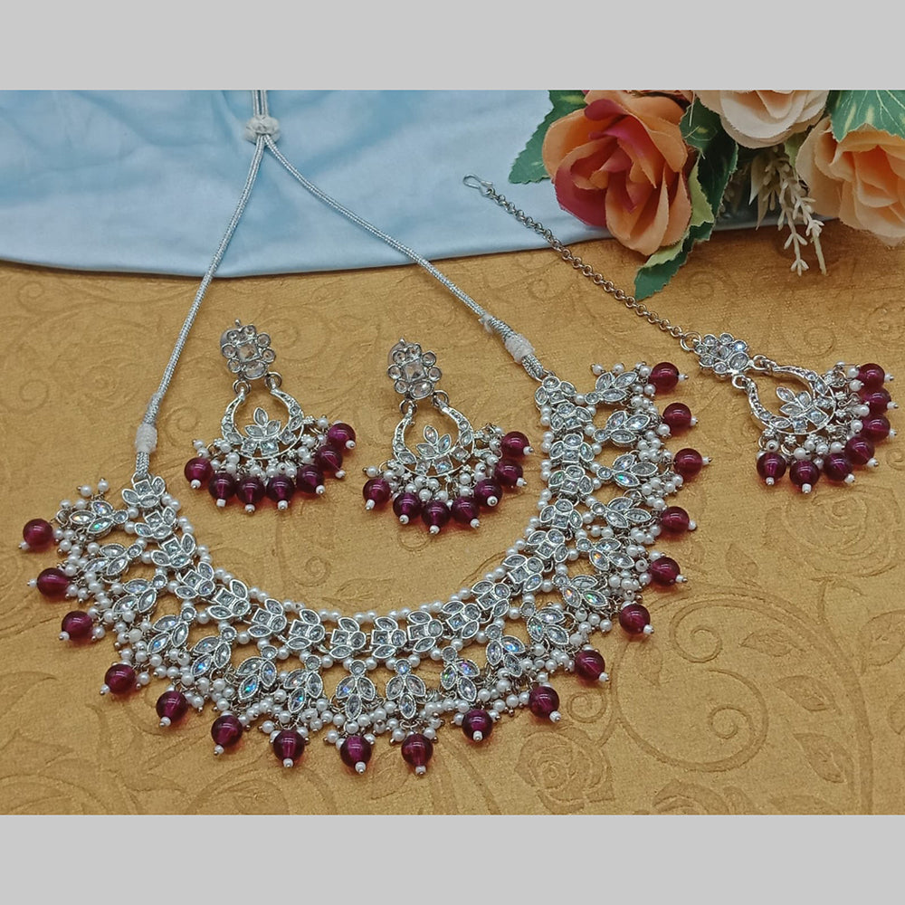 India Art Silver Plated Crystal Stone And Pearls Necklace Set