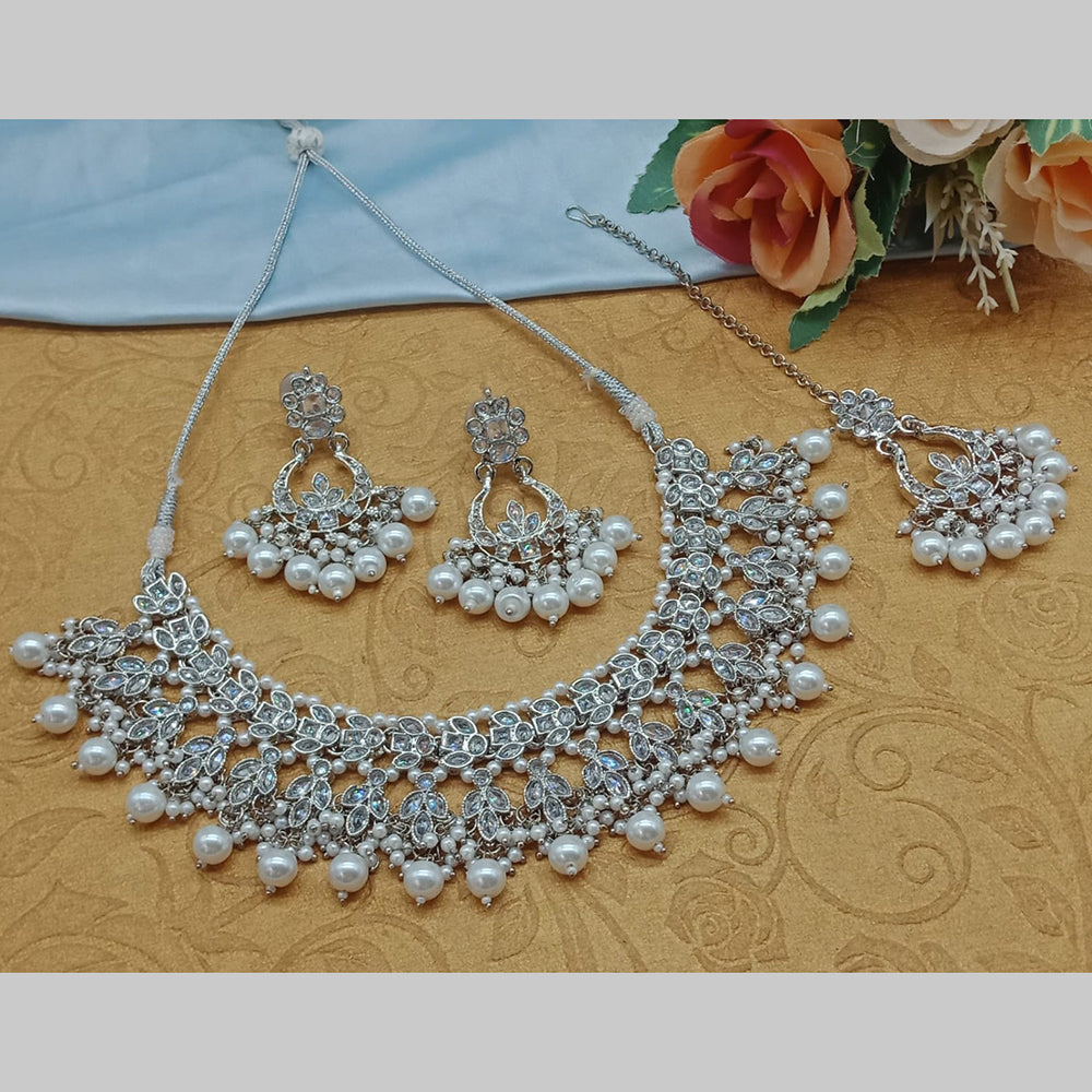 India Art Silver Plated Crystal Stone And Pearls Necklace Set