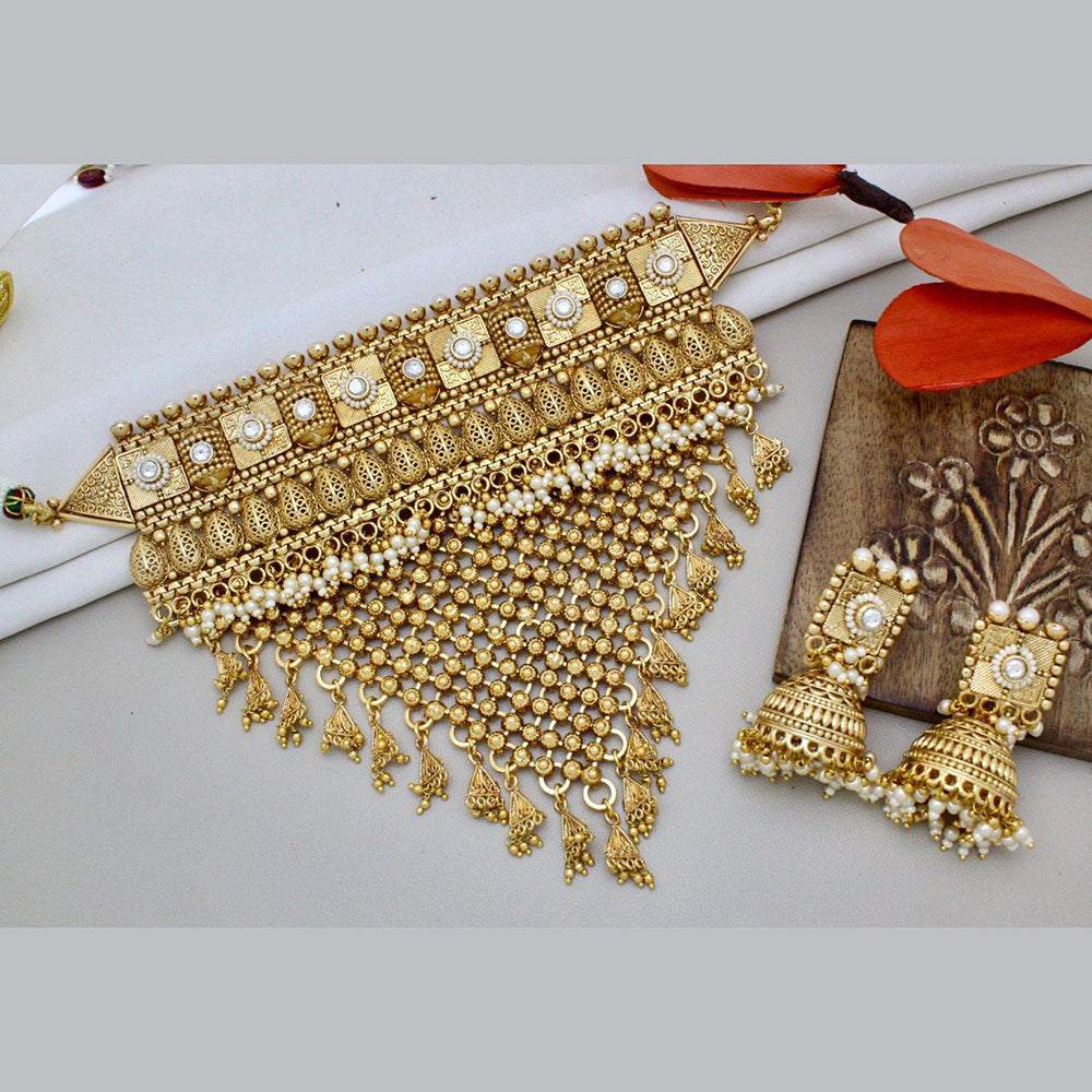 India Art Gold Plated Pota Stone And Beads Choker Necklace Set