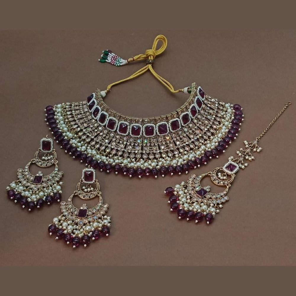 India Art Gold Plated Crystal Stone And Pearls Choker Necklace Set