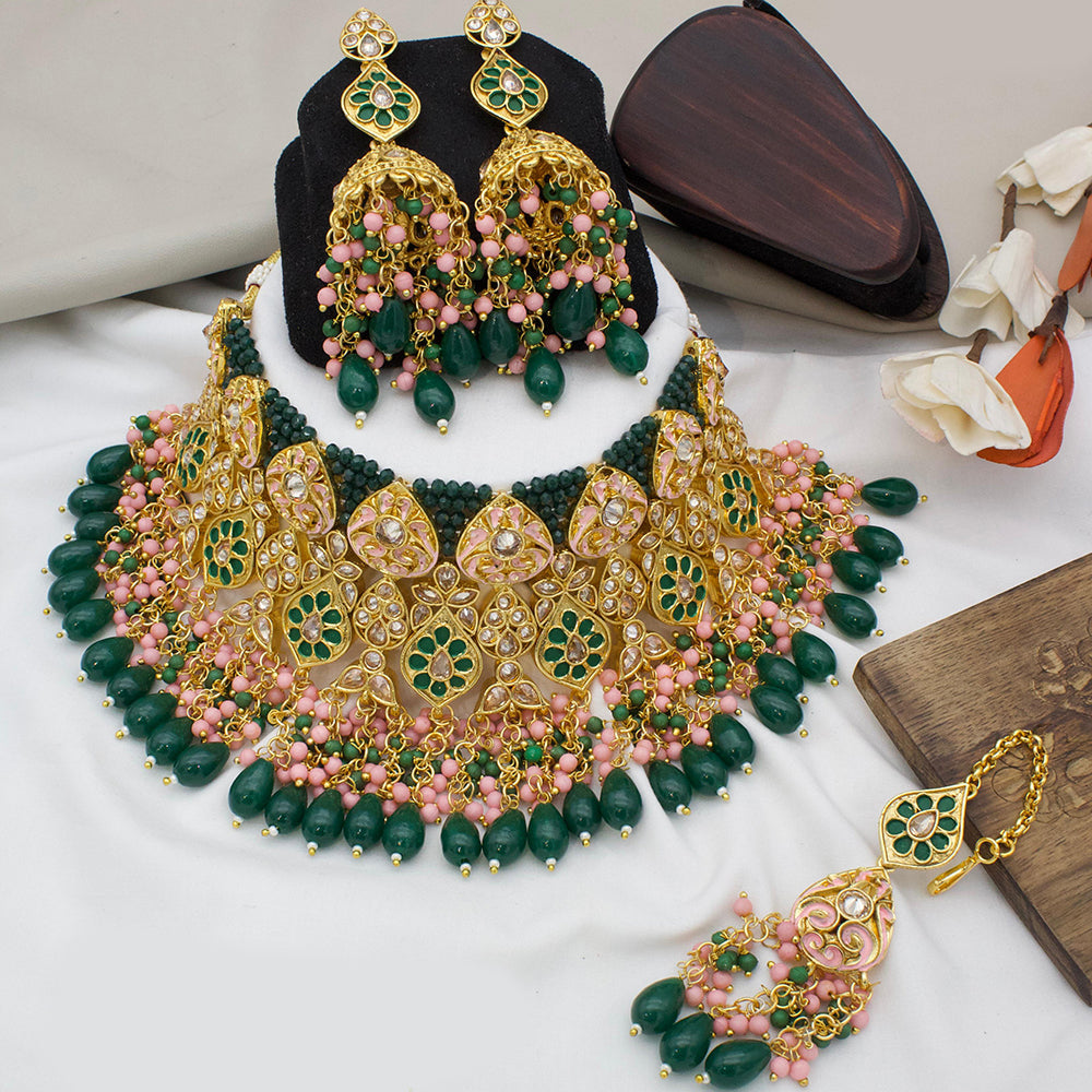 India Art Gold Plated Kundan Stone And Beads Meenakari Choker Necklace Set