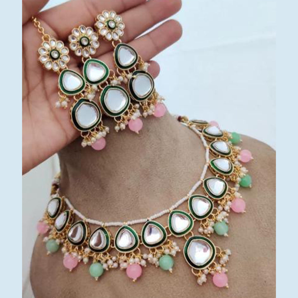 India Art Gold Plated Kundan Stone And Beads Meenakari Necklace Set