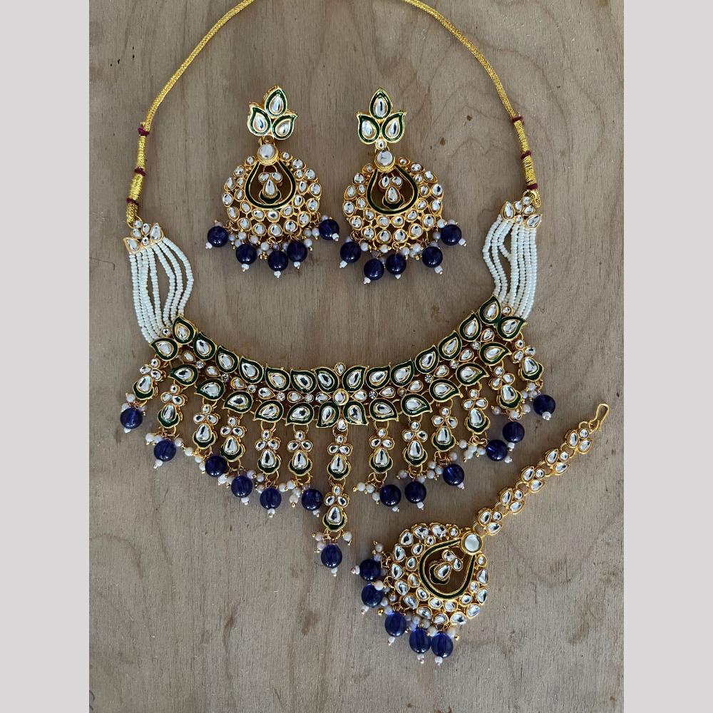 India Art Gold Plated Kundan Stone And Beads Meenakari Choker Necklace Set