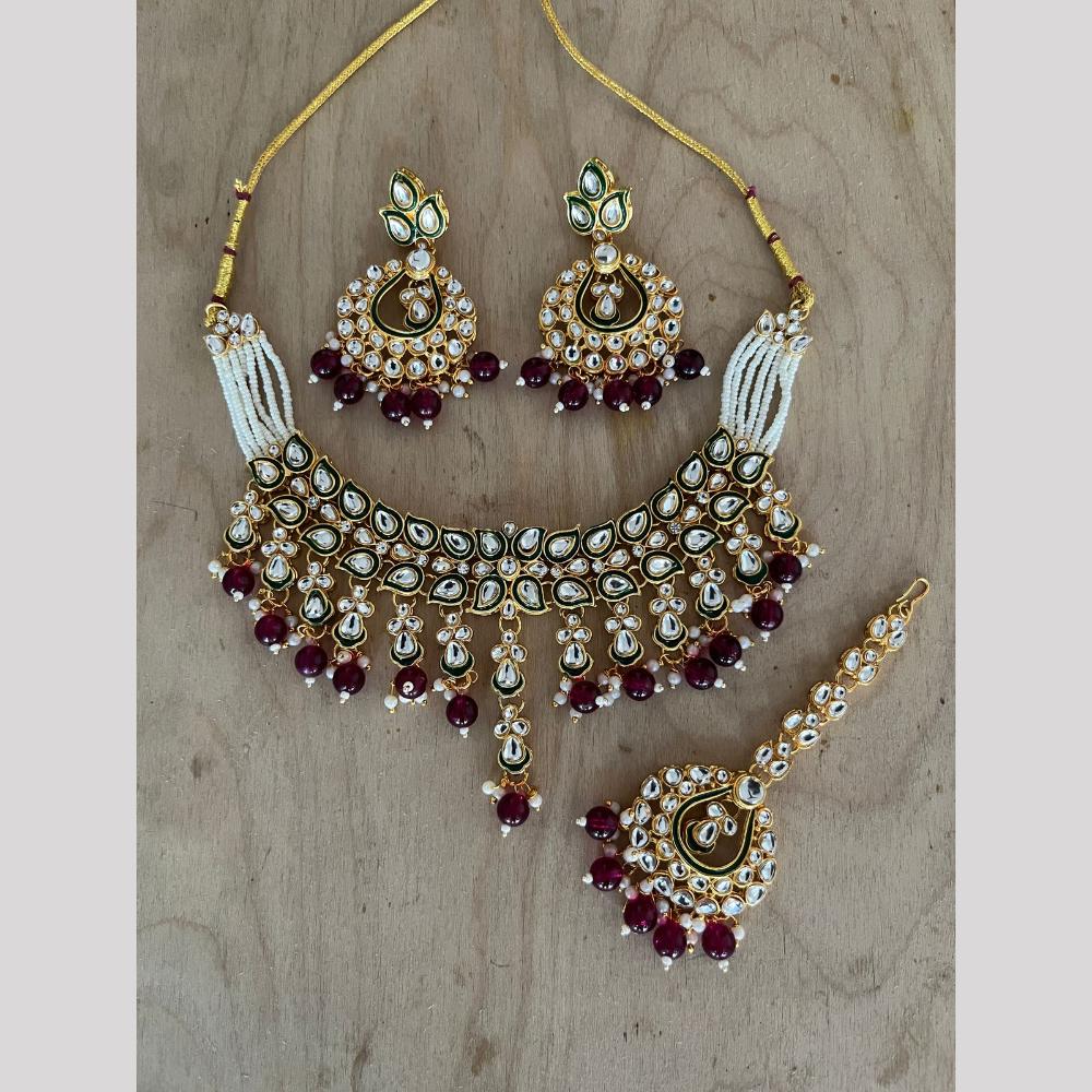 India Art Gold Plated Kundan Stone And Beads Meenakari Choker Necklace Set