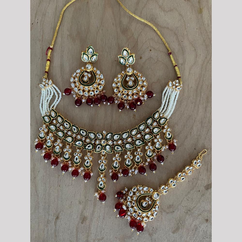 India Art Gold Plated Kundan Stone And Beads Meenakari Choker Necklace Set