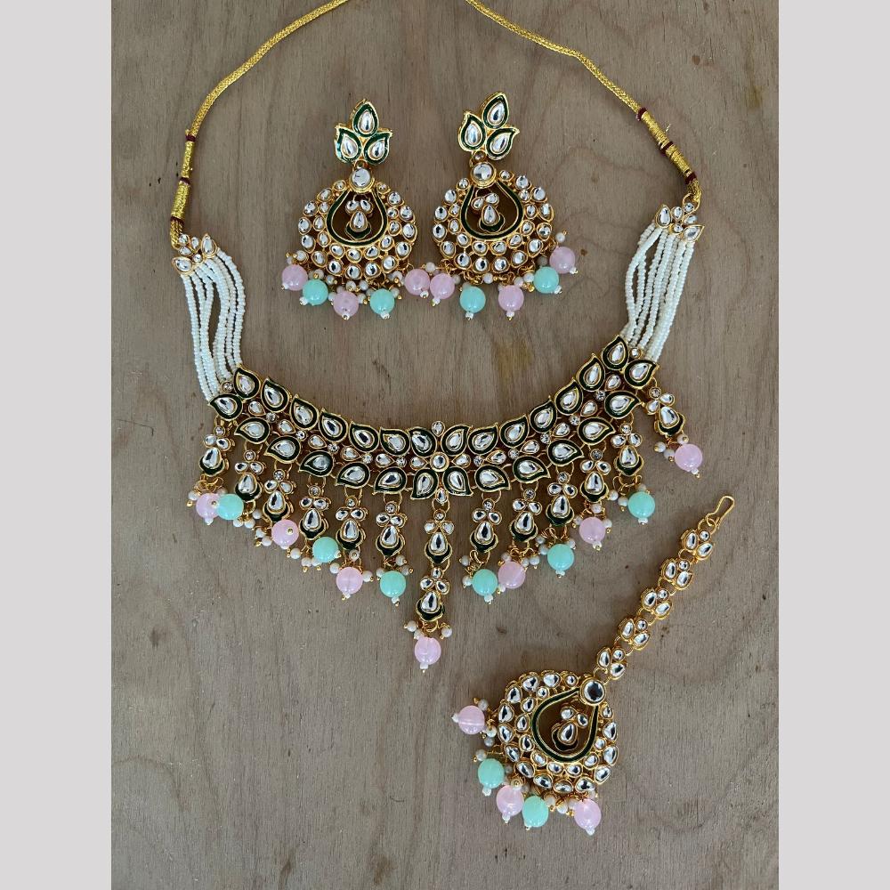 India Art Gold Plated Kundan Stone And Beads Meenakari Choker Necklace Set