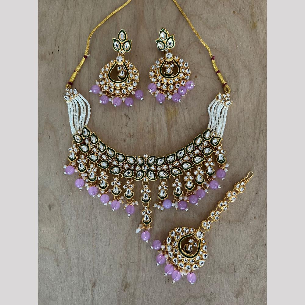 India Art Gold Plated Kundan Stone And Beads Meenakari Choker Necklace Set