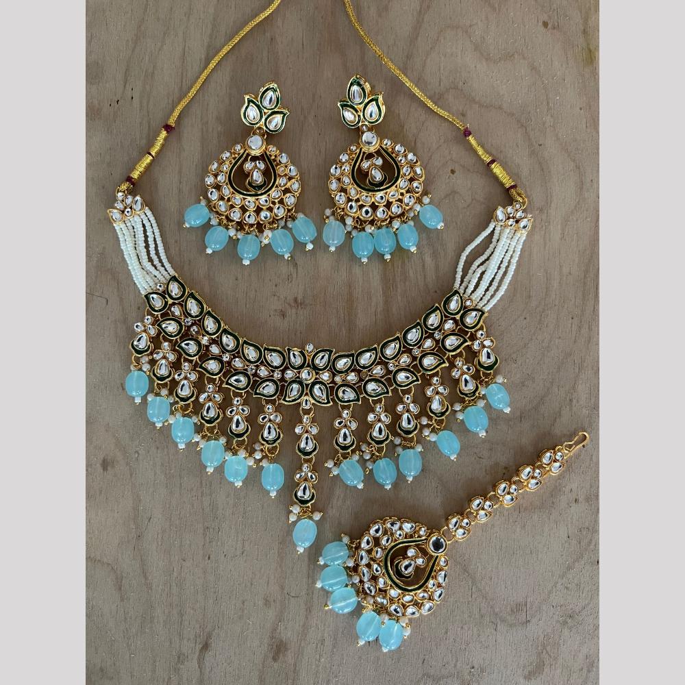 India Art Gold Plated Kundan Stone And Beads Meenakari Choker Necklace Set