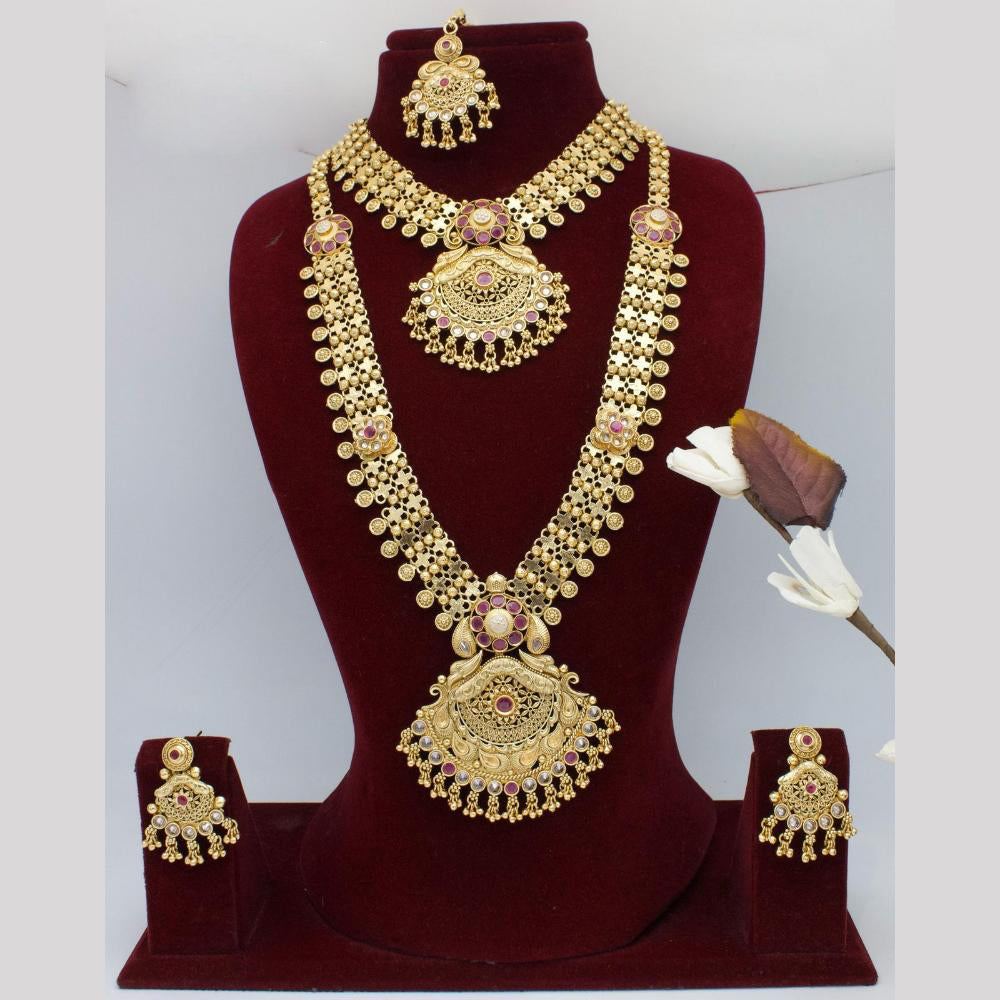 India Art Gold Plated Pota Stone And Pearls Double Necklace Set
