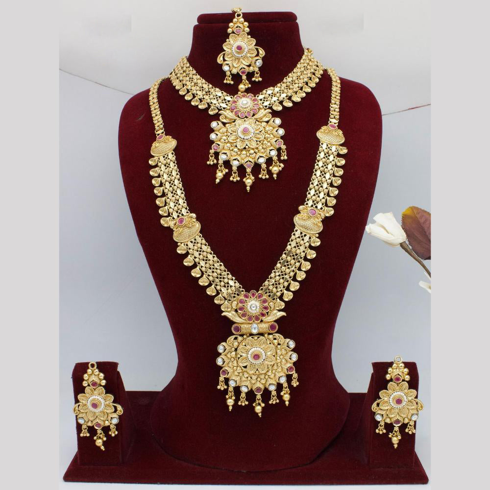 India Art Gold Plated Pota Stone And Pearls Double Necklace Set