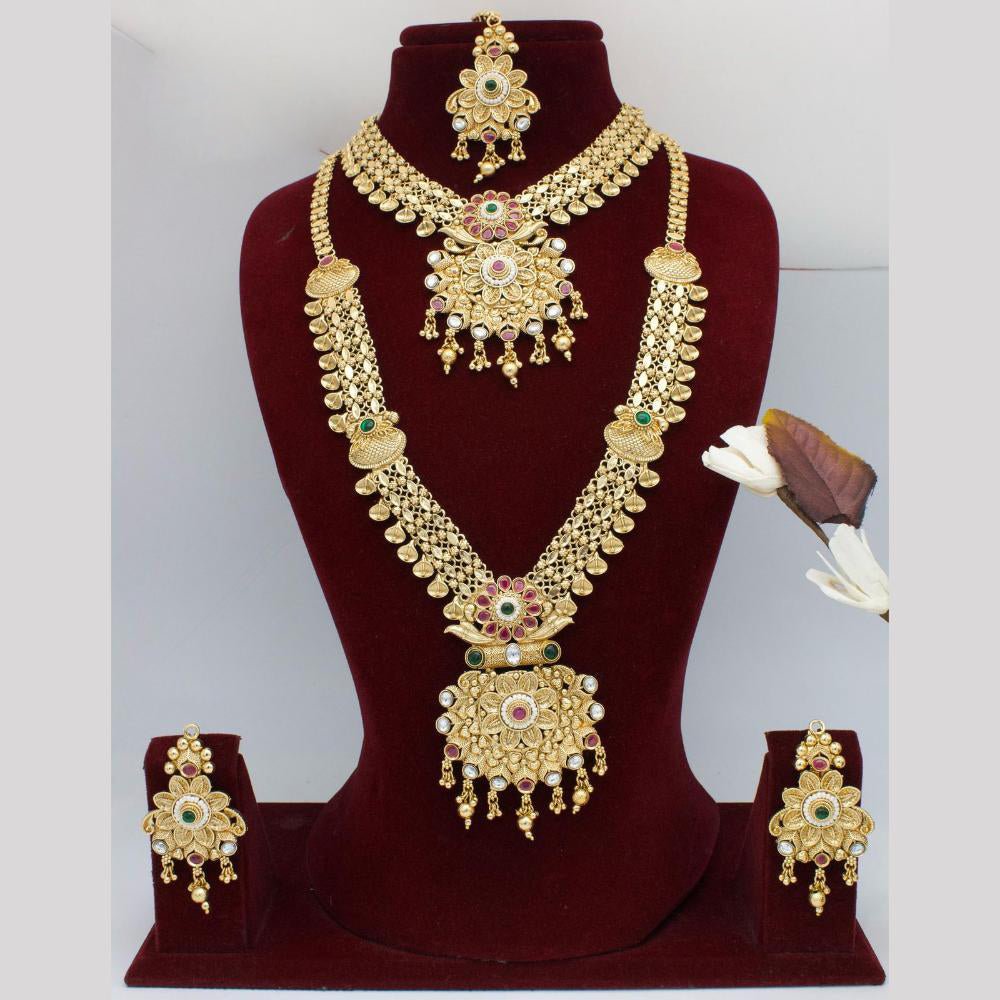 India Art Gold Plated Pota Stone And Pearls Double Necklace Set